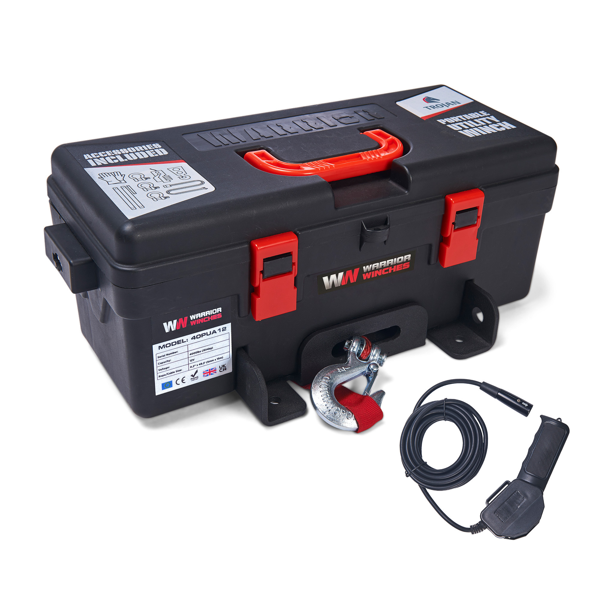 Warrior Winches Trojan Portable Utility Winch — 4000-Lb. Capacity, 12V, Synthetic Rope, Model# 40PUA12-CAD